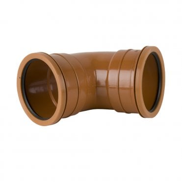 Brett Martin B4071 terracotta 110mm 67.5 degree double socket underground drainage pipe bend showing captive lip seals.
