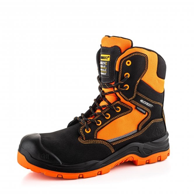 BuckBootz  BVIZ1 Buckzviz High Leg Lace/Zip Safety Boot – Black / Hi-Vis Orange