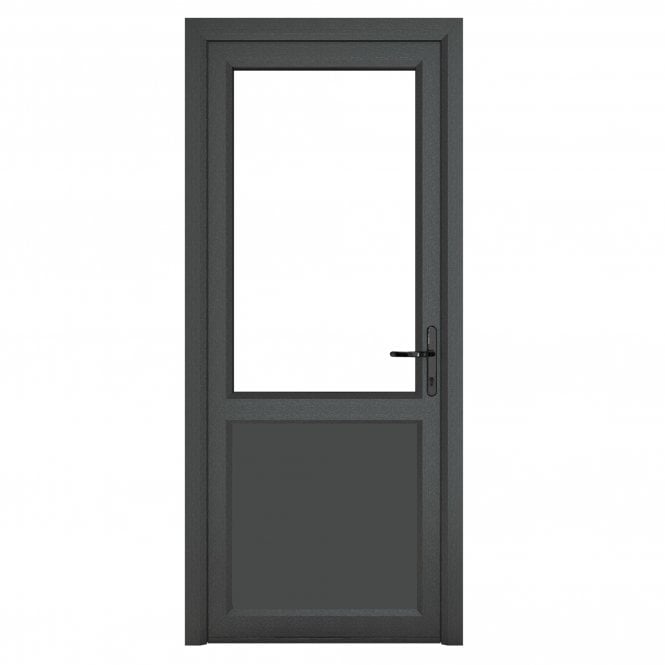 Crystal Double Glazed uPVC Grey 7016 external White Internal Clear Single Door Half Glass Half panel Left hand Open In Clear Glazing