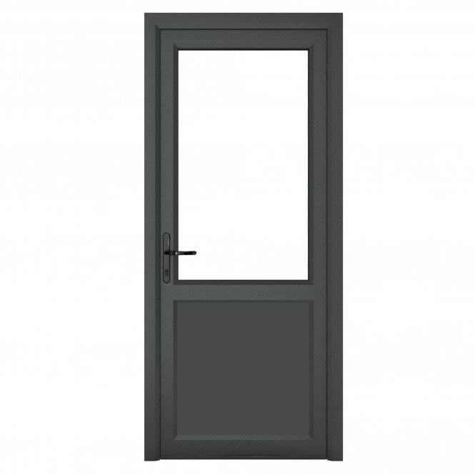 Crystal Double Glazed uPVC Grey 7016 external White Internal Clear Single Door Half Glass Half panel Right hand Open In Clear Glazing