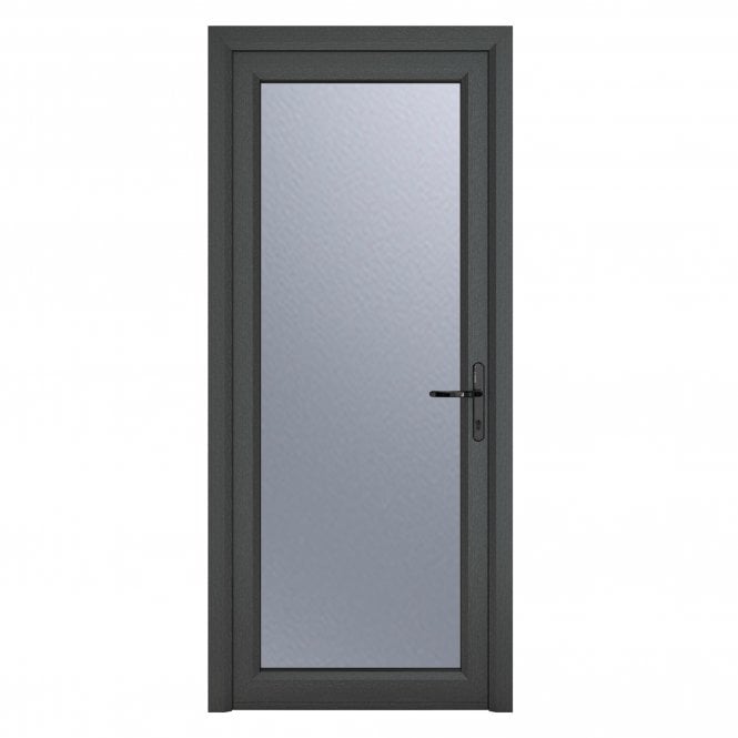 Crystal Double Glazed uPVC Grey 7016 external White Internal Obscure Single Door Full Glass Left hand Open In Obscure Glazing