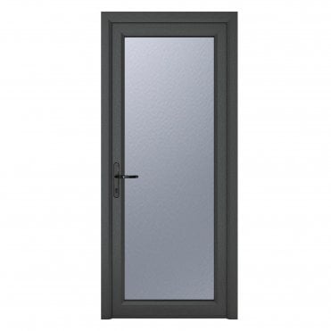 crystal Double Glazed uPVC Grey 7016 external White Internal Obscure Single Door Full Glass Right hand Open In Obscure Glazing
