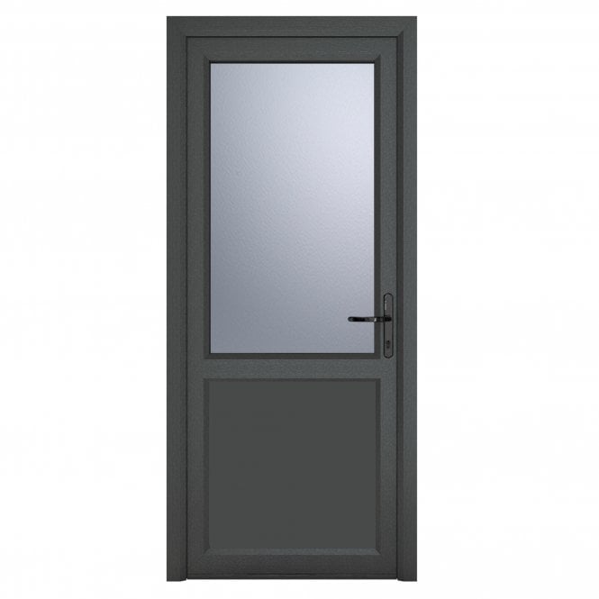 Crystal Double Glazed uPVC Grey 7016 external White Internal Obscure Single Door Half Glass Half panel Left hand Open In Obscure Glazing