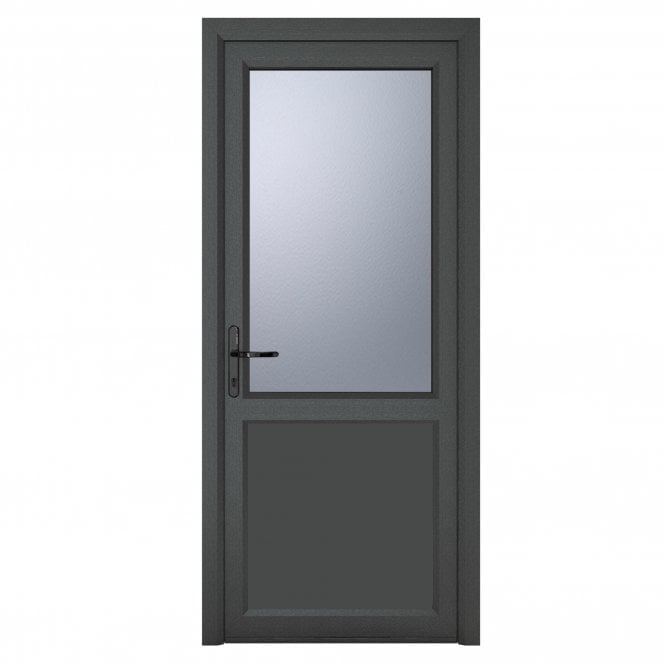 Crystal Double Glazed uPVC Grey 7016 external White Internal Obscure Single Door Half Glass Half panel Right hand Open In Obscure Glazing