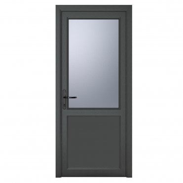 crystal Double Glazed uPVC Grey 7016 external White Internal Obscure Single Door Half Glass Half panel Right hand Open In Obscure Glazing