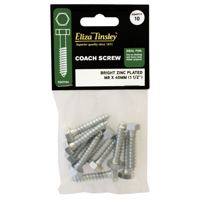 Eliza Tinsley M10 X 75MM Galvanised Coach Screws - Box of 5 Packs of 5 Pieces
