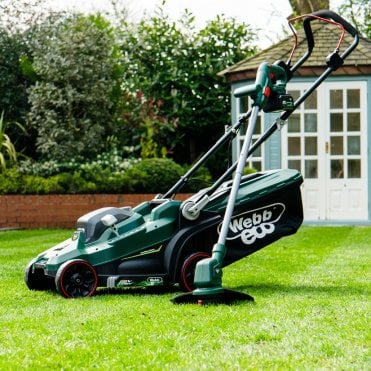 Webb 20V 33cm (14") Cordless Rotary Lawnmower plus 20V 25cm  Line Trimmer (4AH Battery & Charger)
