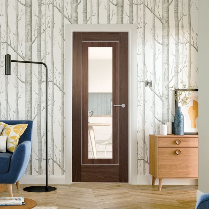 XL Joinery Internal Walnut Pre-Finished Varese (Alum Inlay) Clear Glass Door
